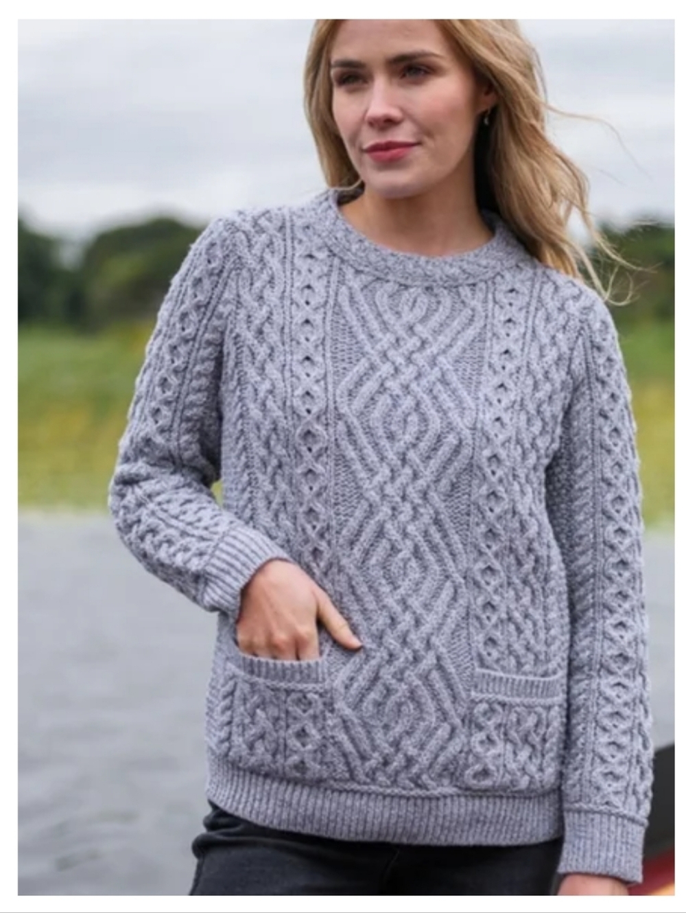 NEW Aran Mor 100% Merino Wool Textured Cable Knit Crewneck Sweater With Pockets